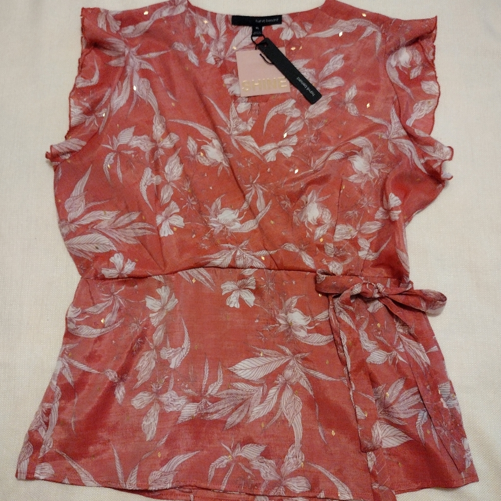 Harvé Benard XL Coral White Floral Gold Diamond Gauzy Top